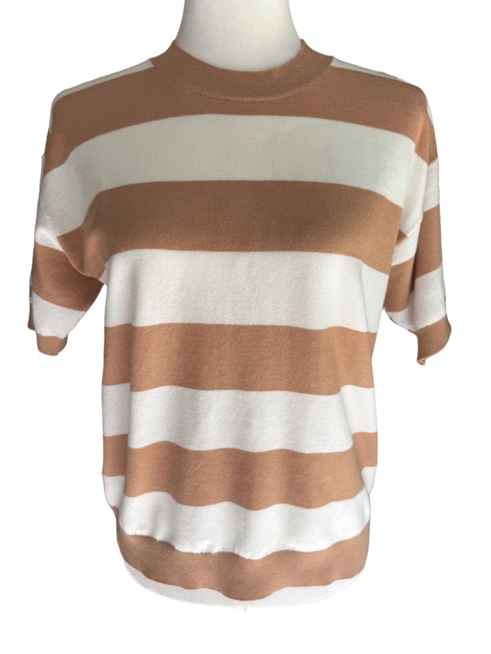 Ann Taylor Petite Striped Short Sleeve Sweater Camel Ivory MP